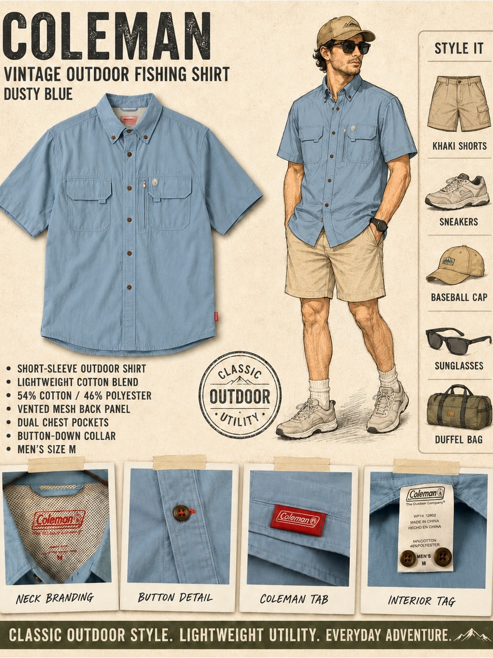 Coleman Mens M Fishing Shirt Short Sleeve Vented Outdoor Utility